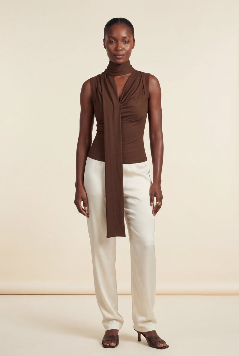 Brown Chocolate Brown Draped Cowl Neck Tank with Scarf Detail - Tank tops - Photo 1