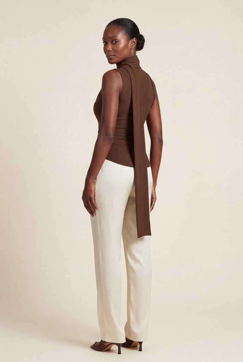 Brown Chocolate Brown Draped Cowl Neck Tank with Scarf Detail - Tank tops - Photo 2