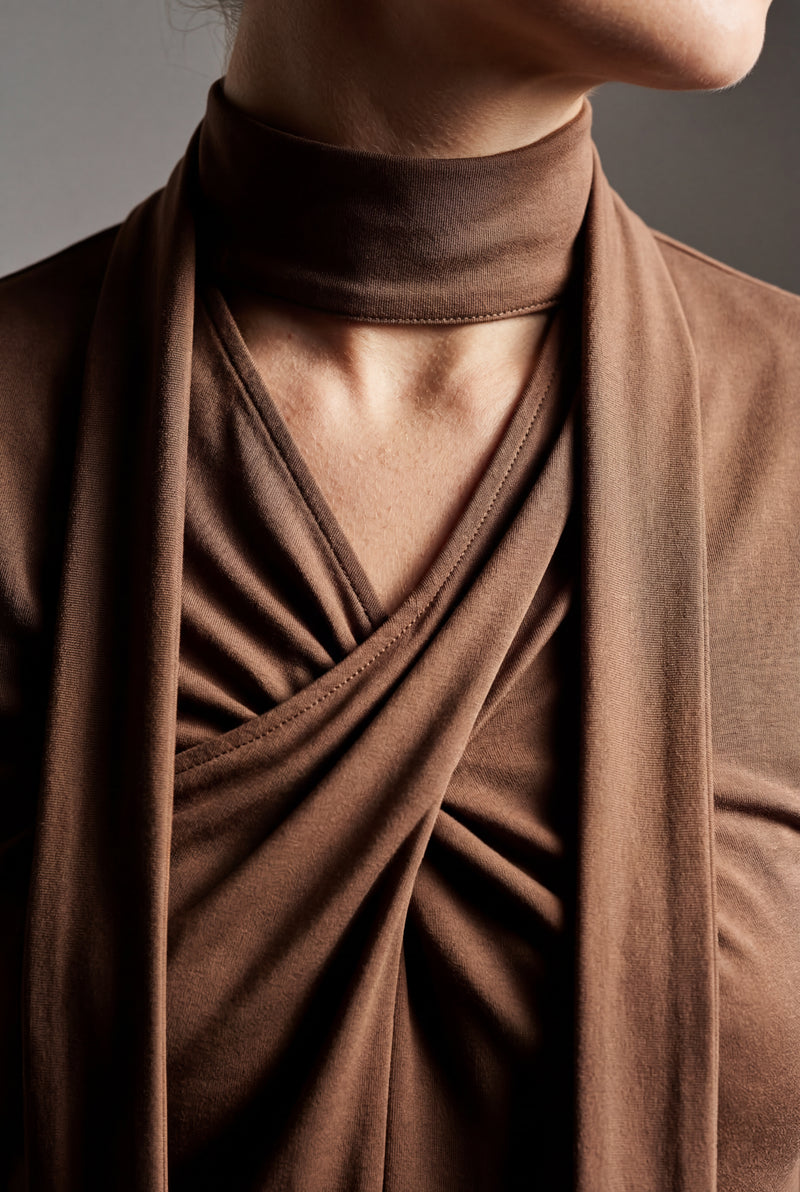 Brown Chocolate Brown Draped Cowl Neck Tank with Scarf Detail - Tank tops - Photo 3