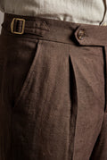Brown Chocolate Brown Pleated High-waist Trousers - Linen trousers - Photo 3