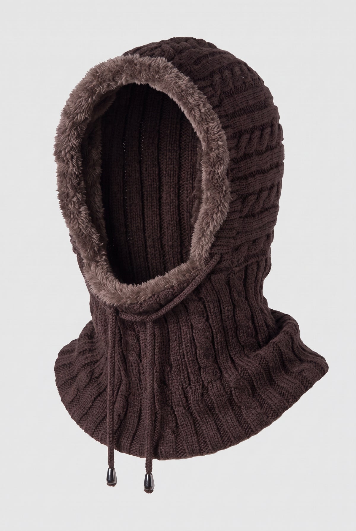 Chunky Knit Hooded Neck Warmer in Brown — studio front