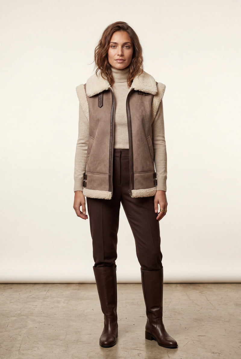 Brown Collar Sleeveless Aviator Vest with Plush Trim - Aviator vests - Photo 1