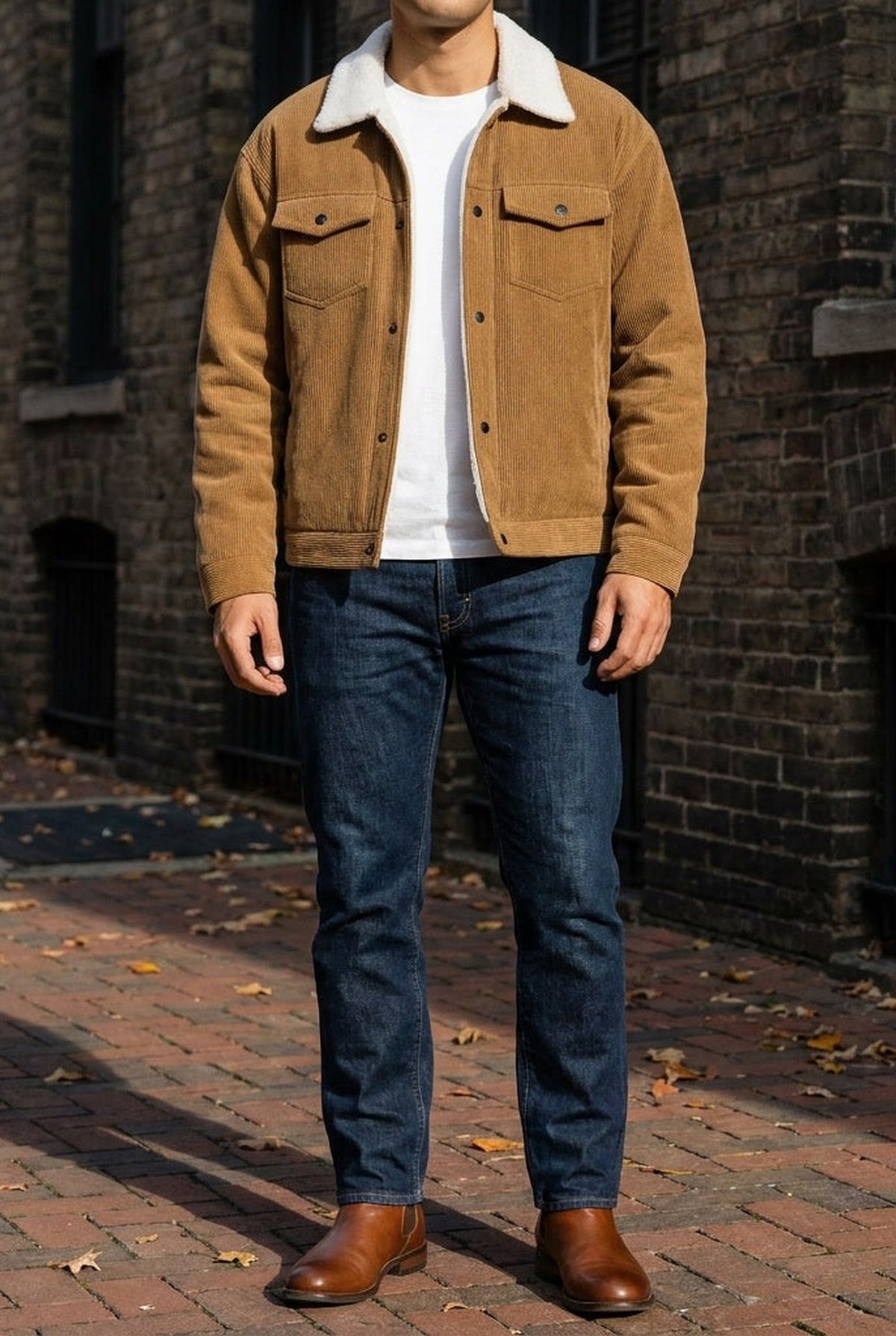 Corduroy Sherpa-Lined Trucker Jacket in Brown — detail