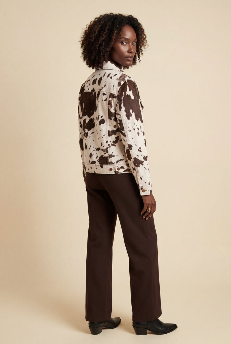 Brown Cow Print Cropped Faux Fur Trucker Jacket Brown - Leather jackets - Photo 2