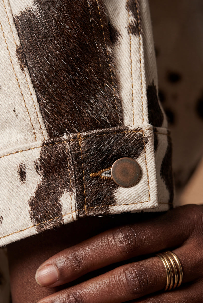 Brown Cow Print Cropped Faux Fur Trucker Jacket Brown - Leather jackets - Photo 3