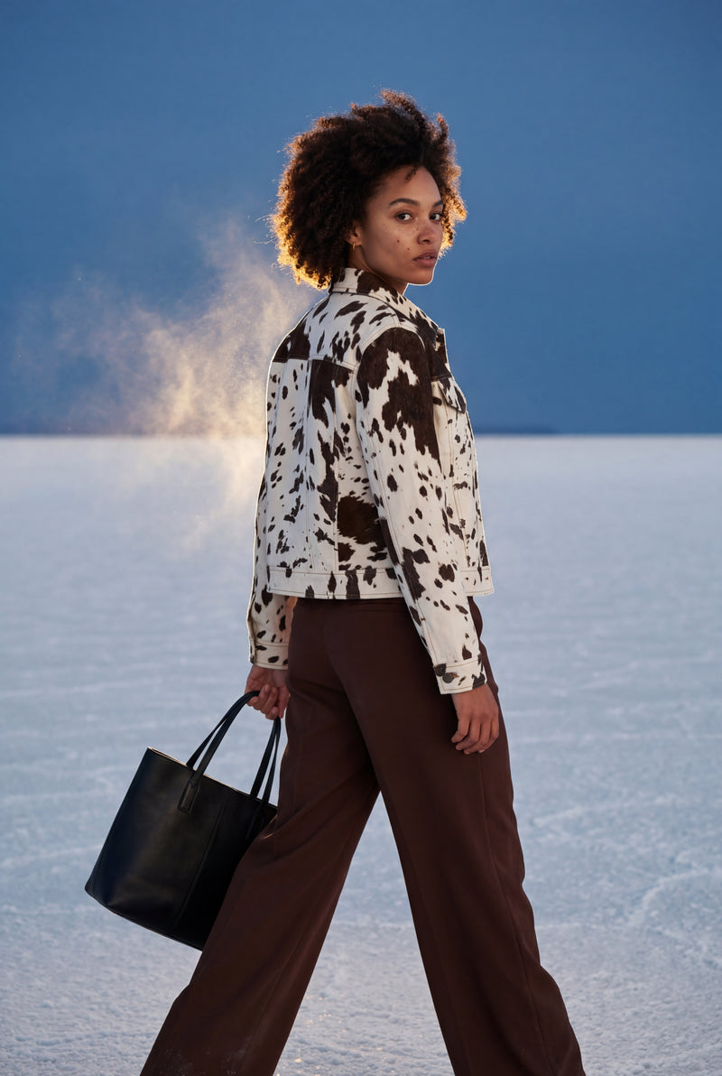 Brown Cow Print Cropped Faux Fur Trucker Jacket Brown - Leather jackets - Photo 4
