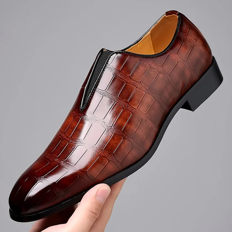 Crocodile-embossed Slip-on Glossy Dress Shoes - Photo 2
