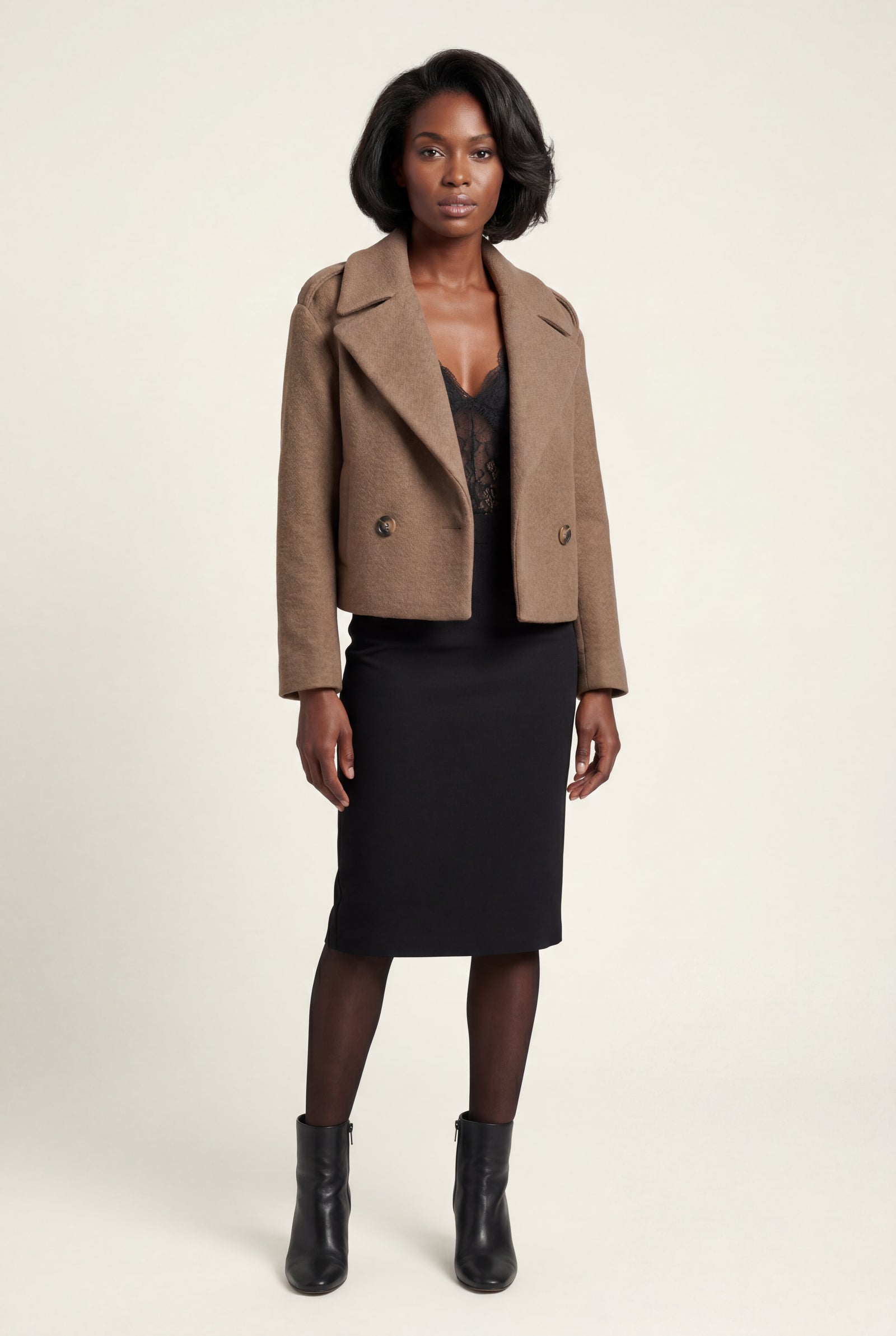 Brown Cropped Double-breasted Boxy Coat with Notched Lapel - Short coat - Photo 10