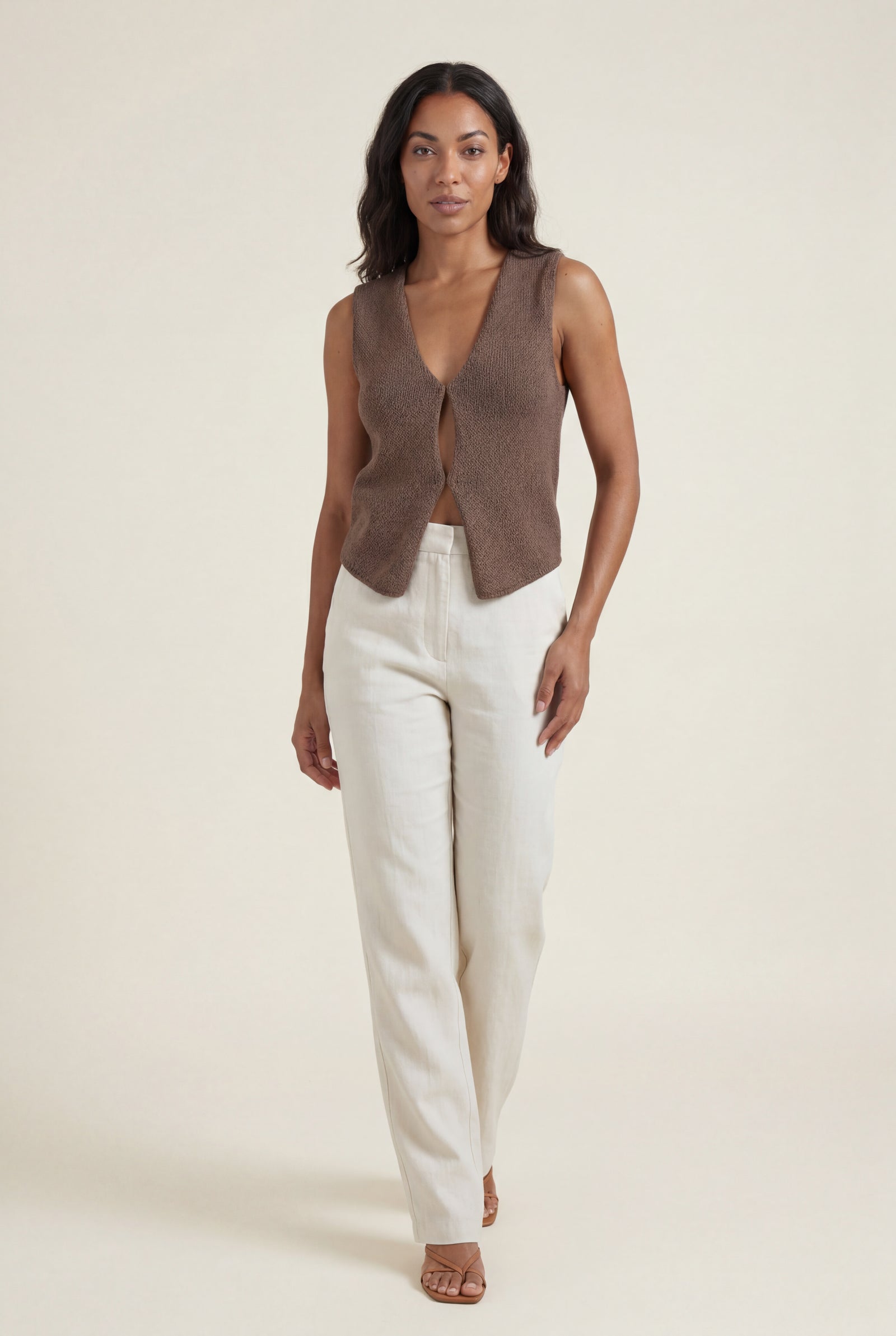 Brown Deep V-neck Cut-out Knitted Sleeveless Vest Top - Sleeveless tops - Photo 7