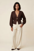 Brown Deep V-neck Gold Button Cardigan Sweater - V-neck sweater - Photo 13