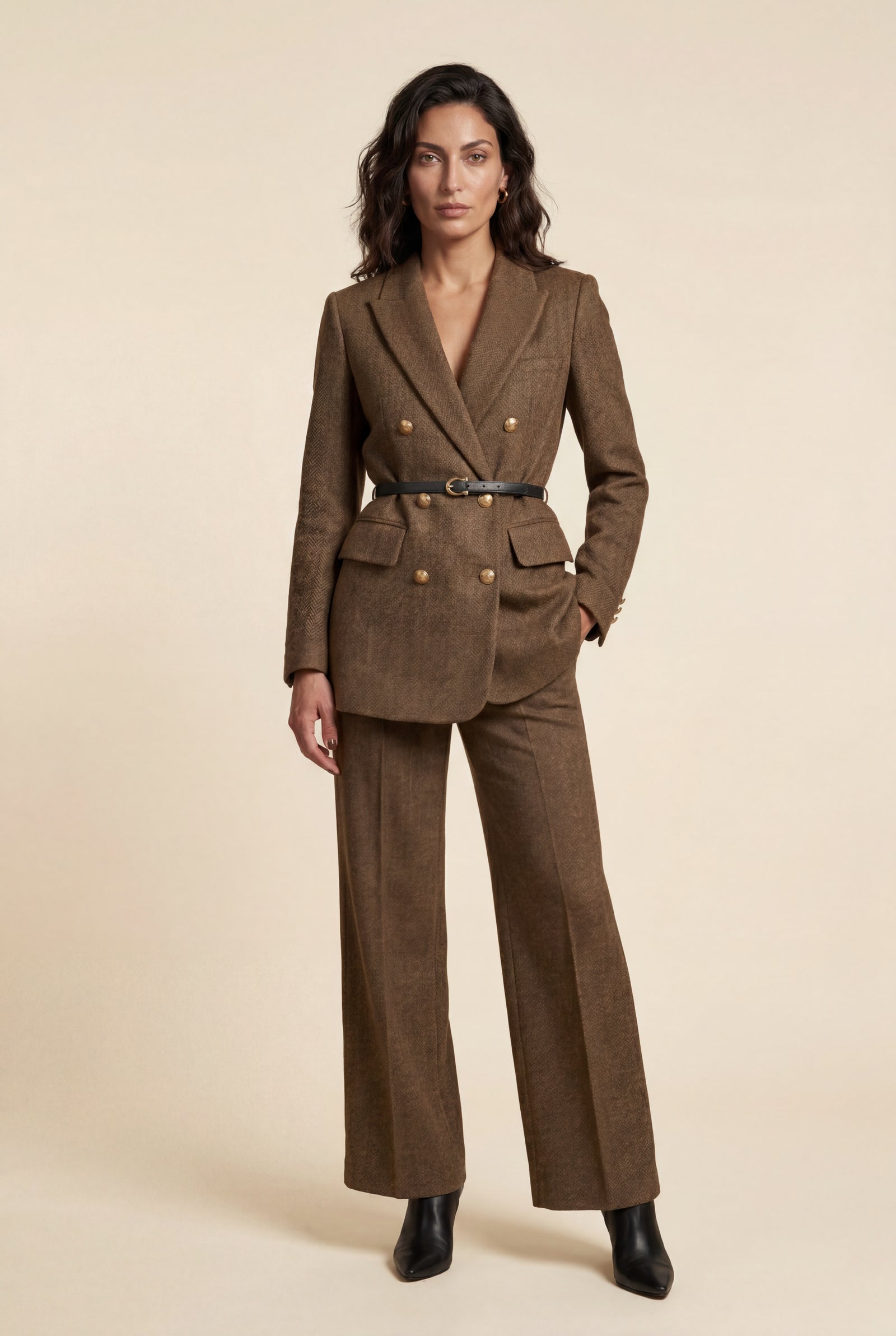 Brown Double-breasted Herringbone Belted Tailored Blazer - Tailored blazers - Photo 2