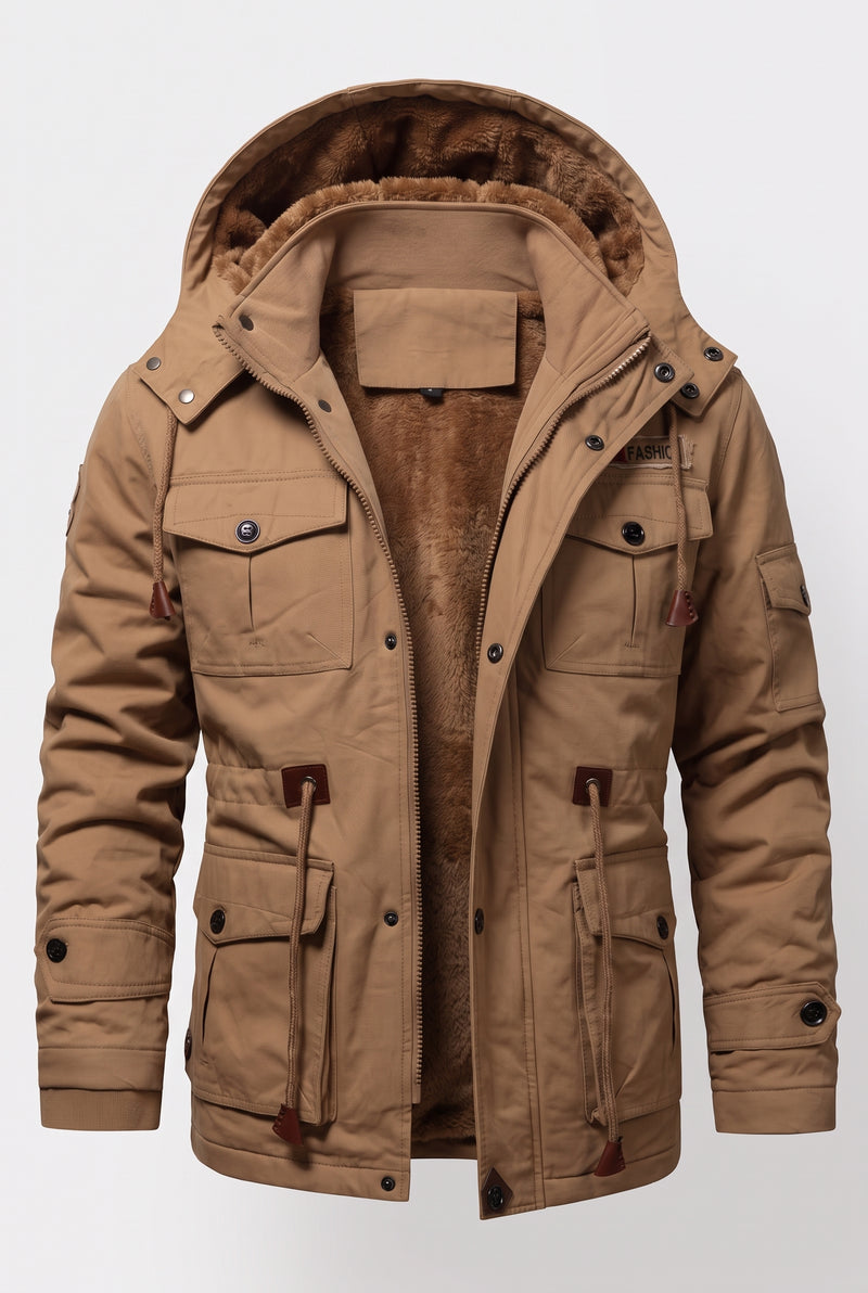 Faux-Fur Lined Parka in Brown — studio front