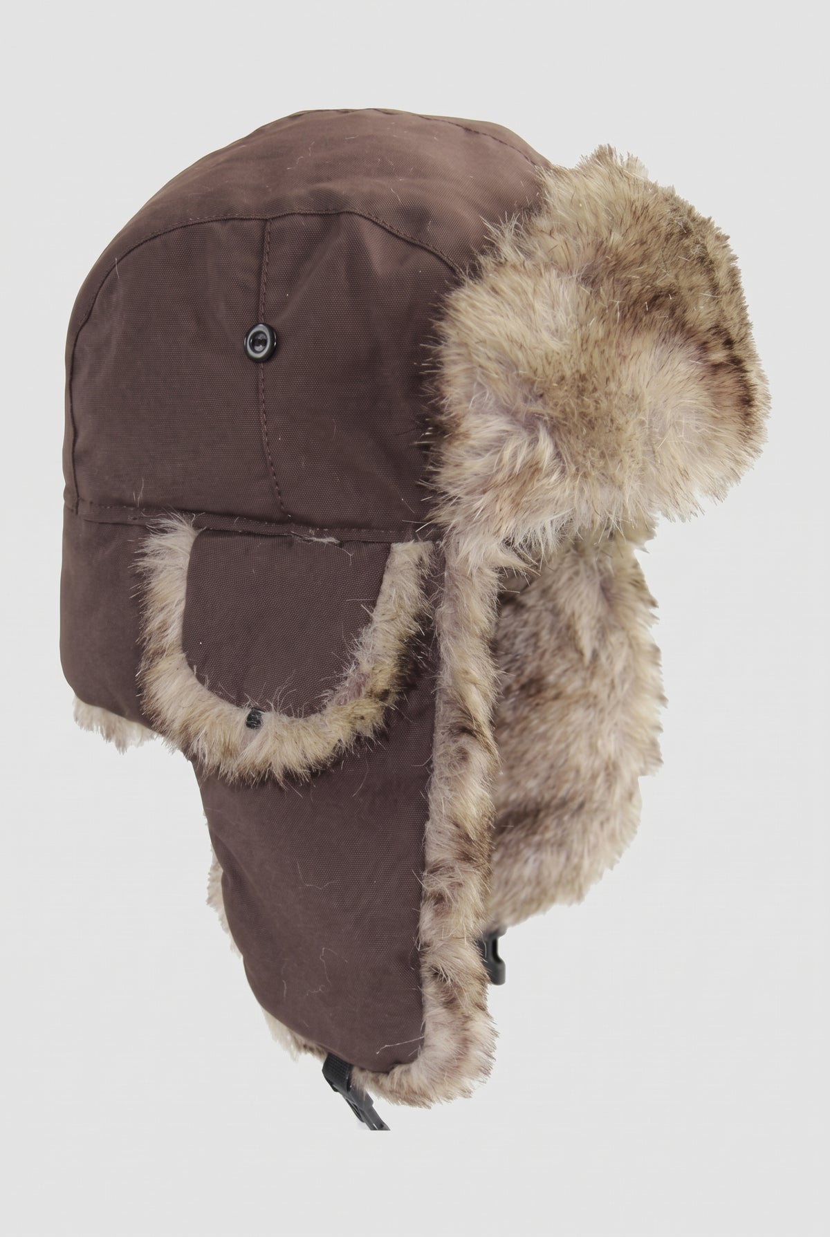 Faux Fur Lined Trapper Hat in Brown — studio front