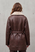 Faux Leather Belted Coat in Brown — studio angle