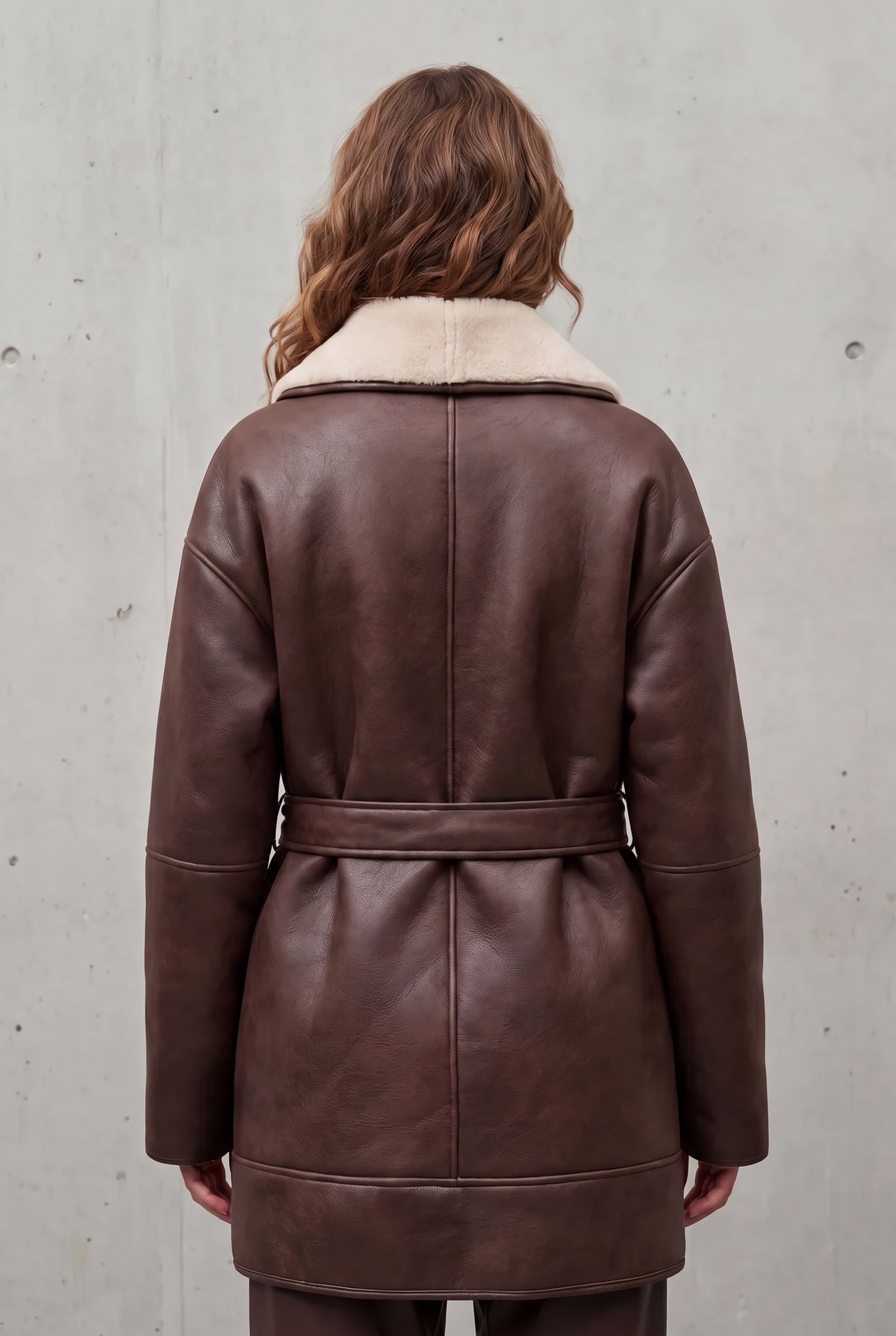 Faux Leather Belted Coat in Brown — studio angle