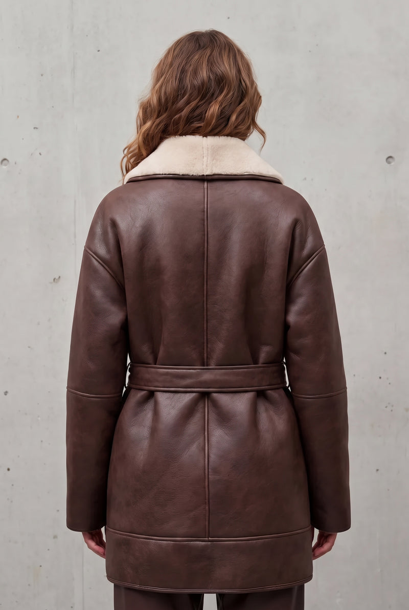 Faux Leather Belted Coat in Brown — studio angle