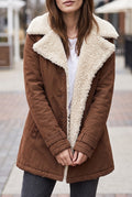 Faux-Shearling Button-Front Coat in Brown — studio front