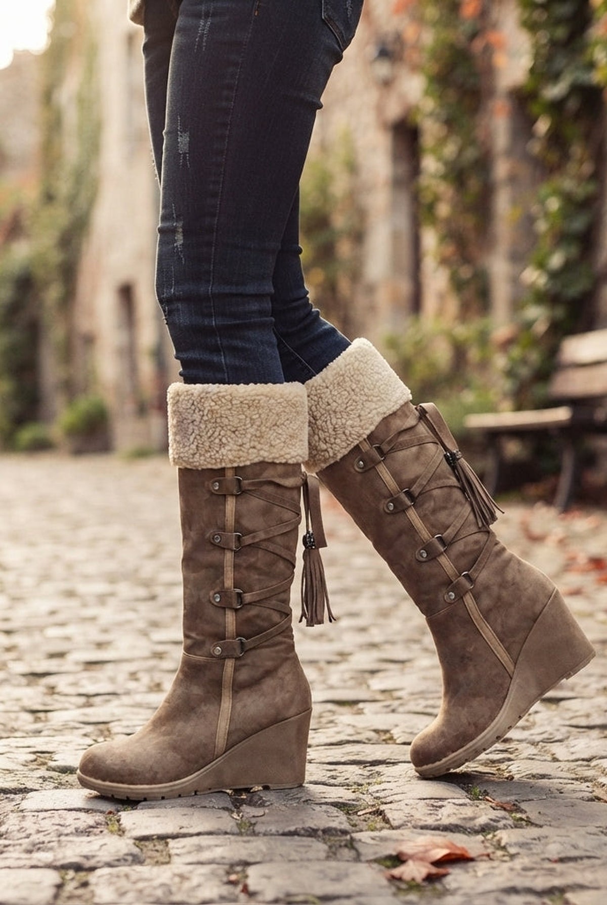Faux Shearling Knee-High Boots in Brown — side