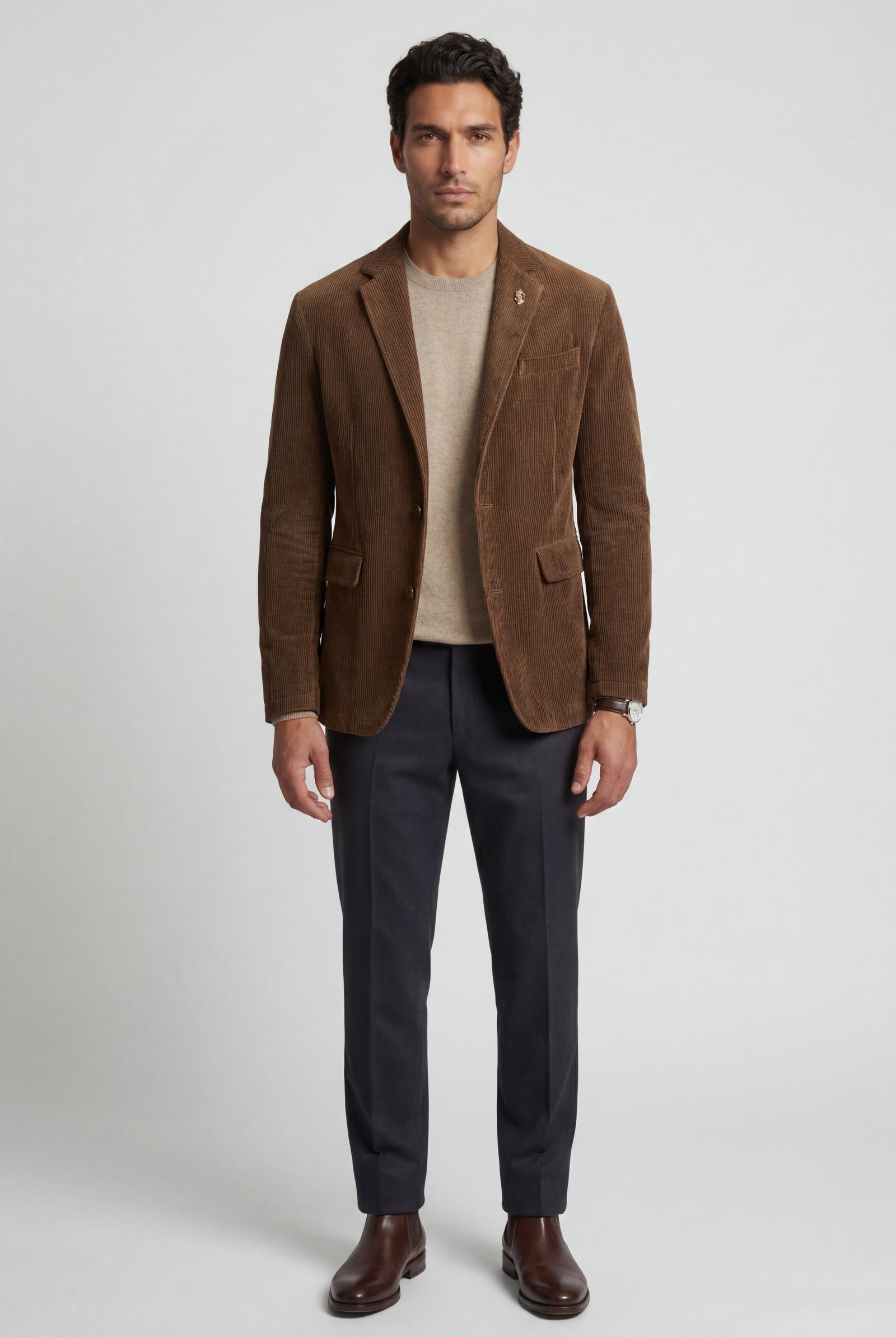 Brown Fine Wale Tailored Single-breasted Blazer - Blazers - Photo 5