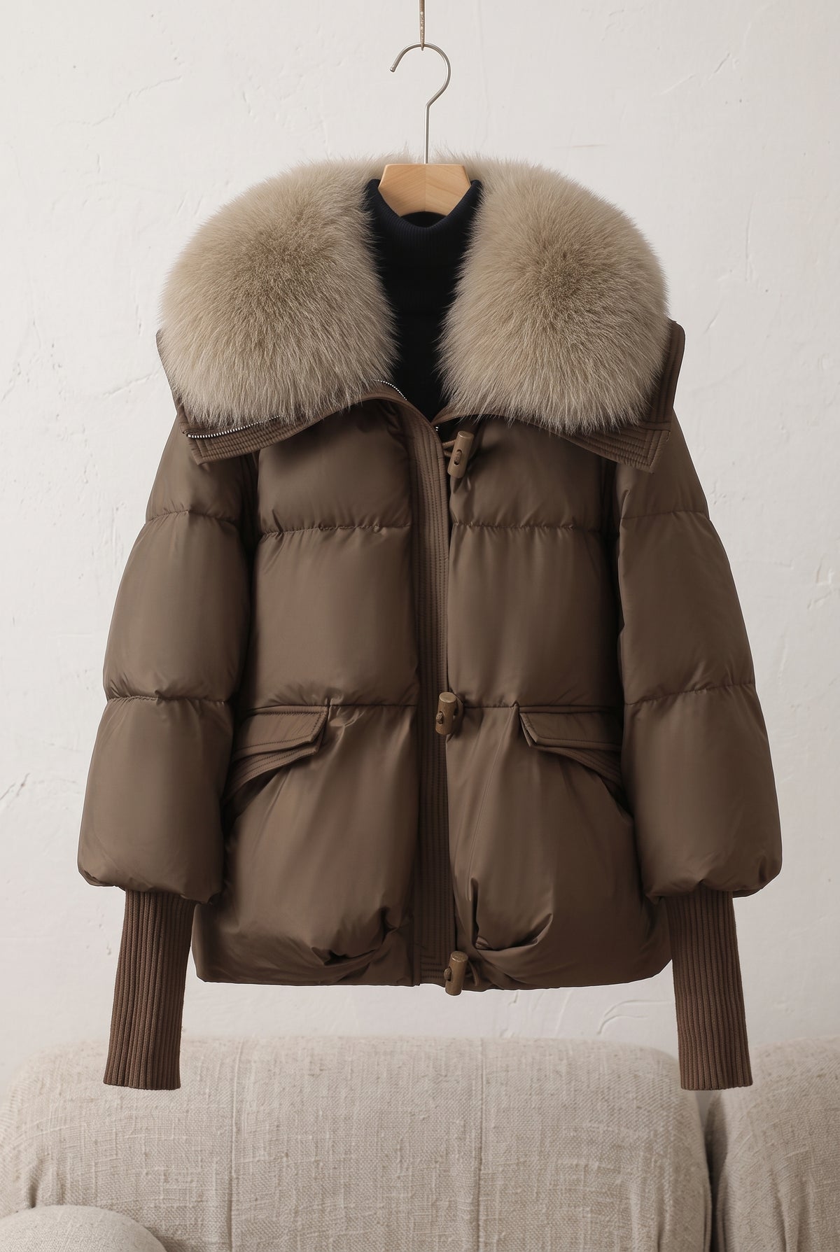 Fur Collar Puffer Jacket in Brown — studio front