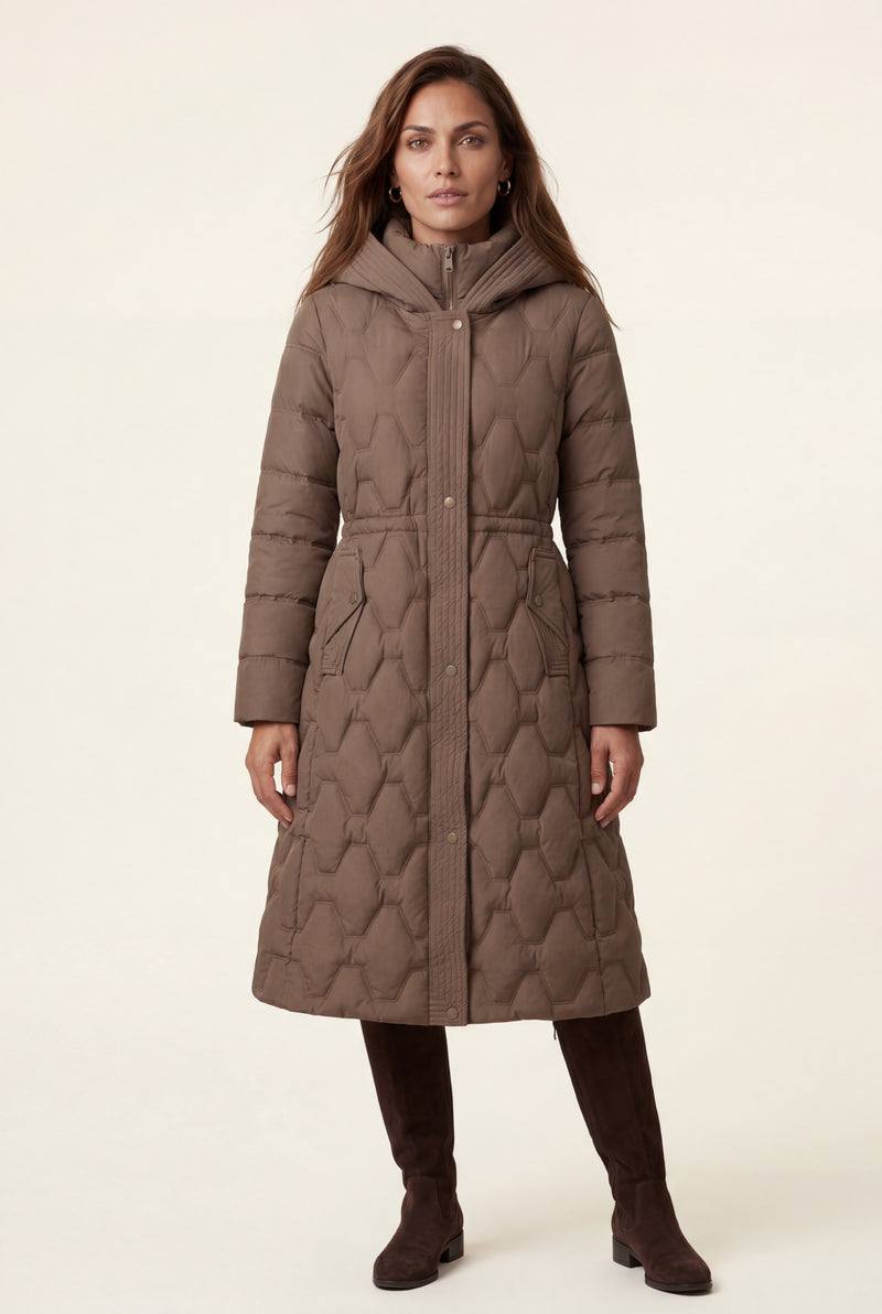 Brown Geometric Quilted Calf-length Puffer Coat with Hood - Puffer jackets - Photo 1
