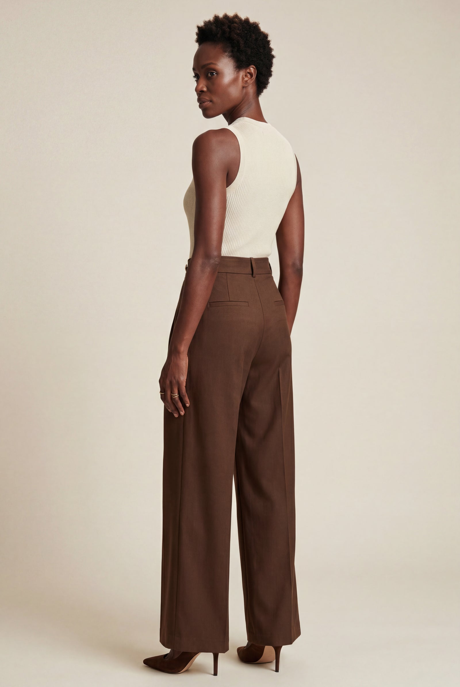 Brown Gold Button Wide-leg High-waisted Trousers Brown - Wide leg pants - Photo 2