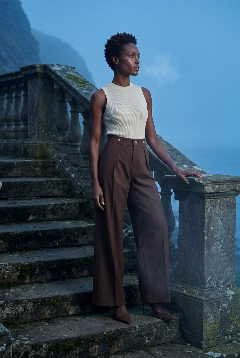 Brown Gold Button Wide-leg High-waisted Trousers Brown - Wide leg pants - Photo 4