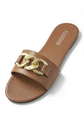 Brown Gold Chain Detail Brown Slide Sandals - Photo 1