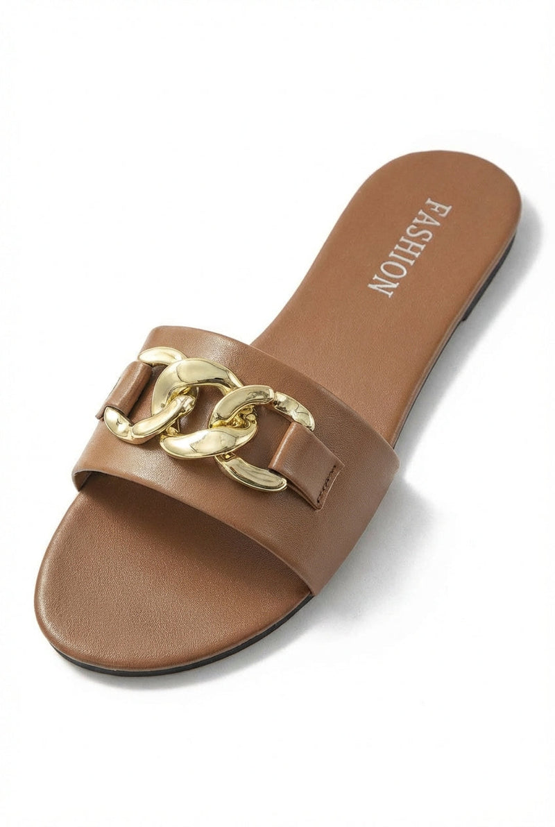 Brown Gold Chain Detail Brown Slide Sandals - Photo 1