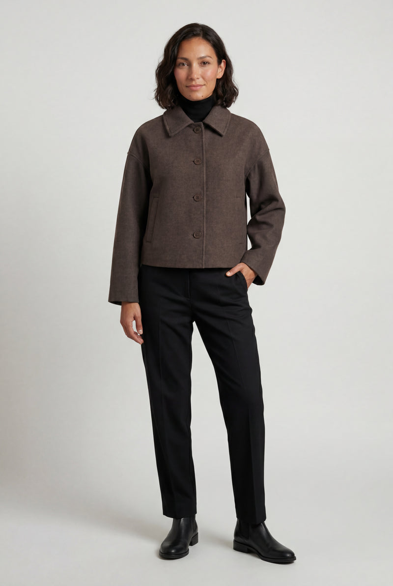 Brown Heathered Dark Brown Cropped Button-front Winter Coat - Winter coats - Photo 1