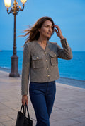 Brown Heathered Taupe Cropped Jacket with Gold Buttons - Photo 4
