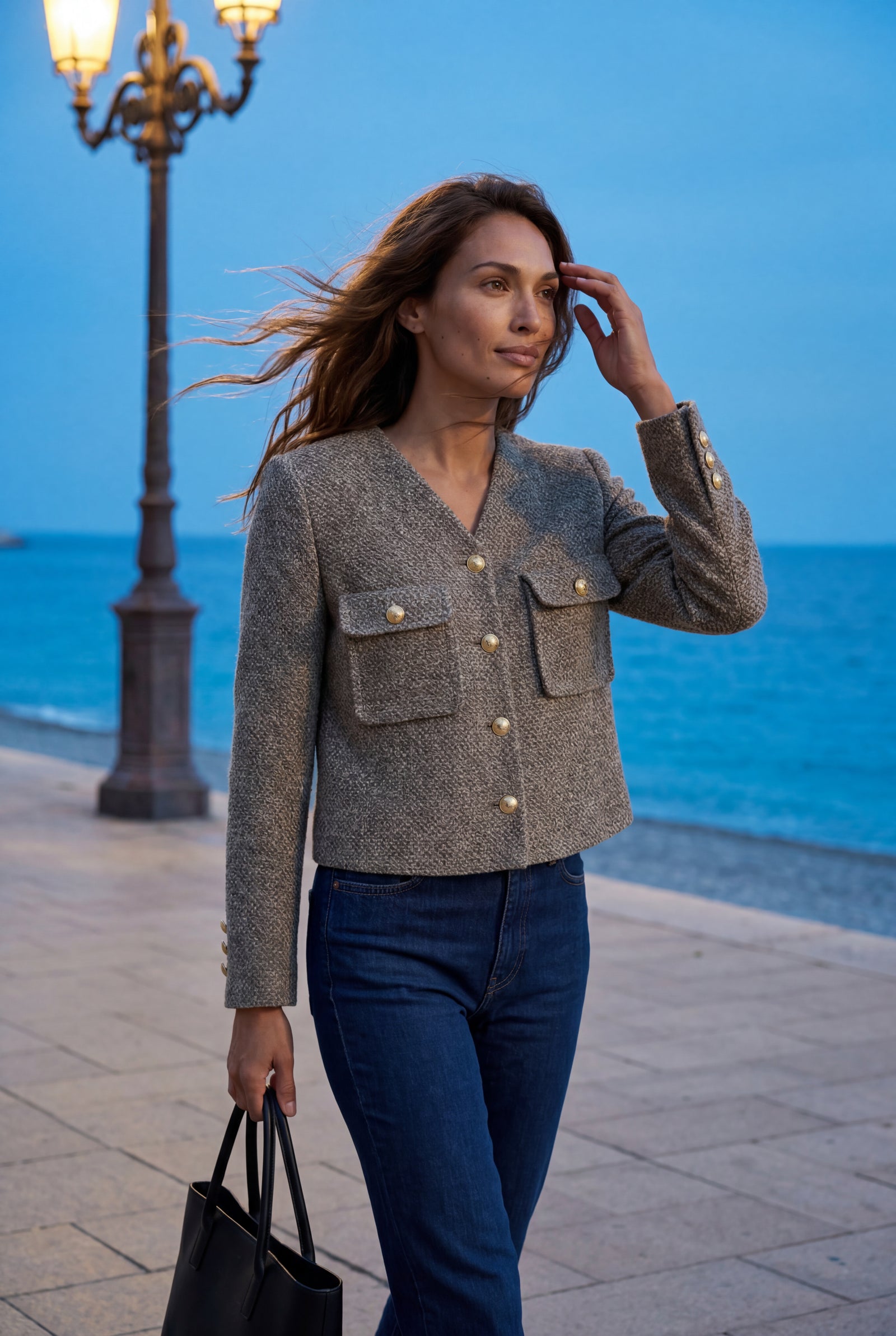 Brown Heathered Taupe Cropped Jacket with Gold Buttons - Photo 4