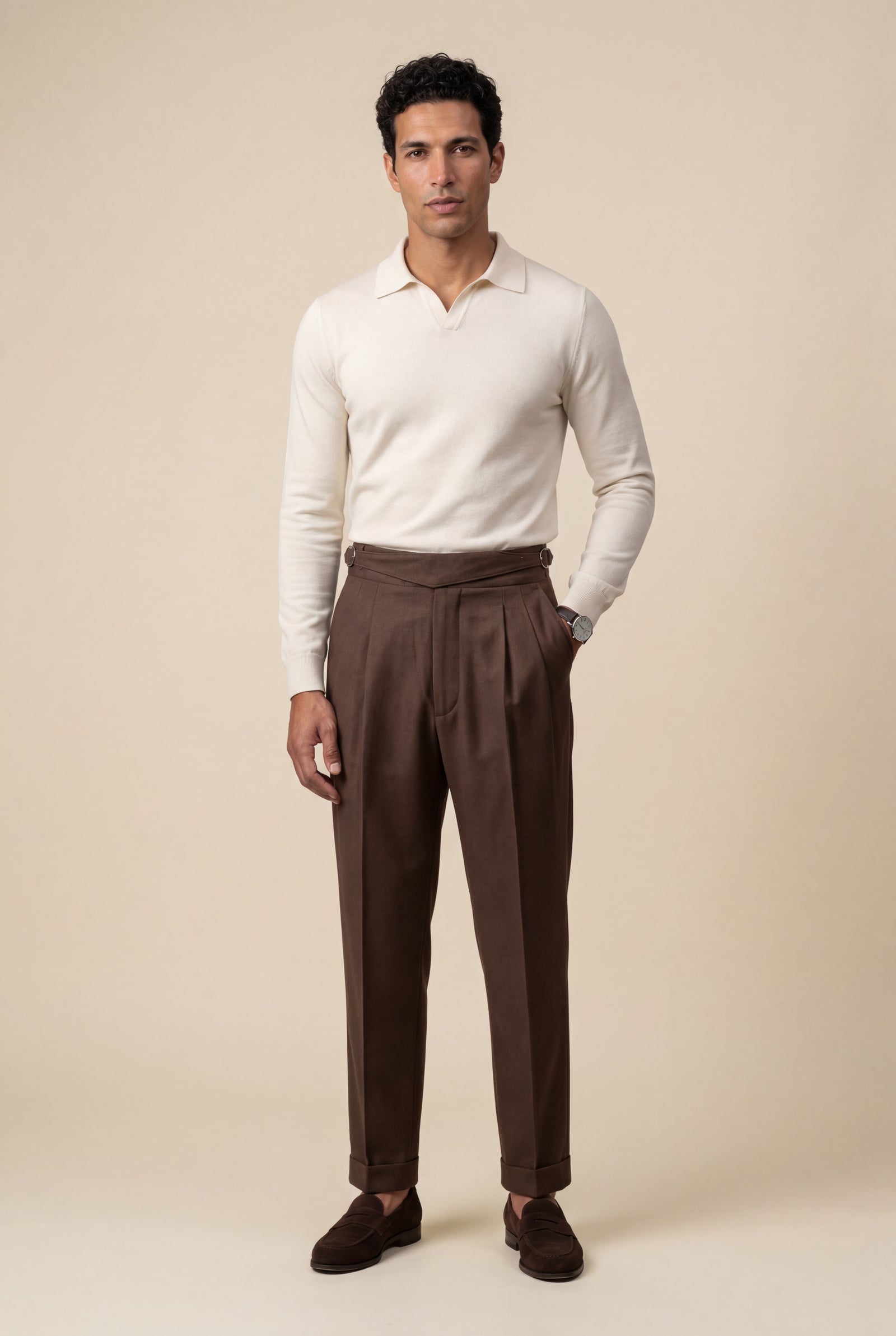 Brown High-rise Pleated Brown Trousers with Cuffed Tapered Leg - Pleated trousers - Photo 1