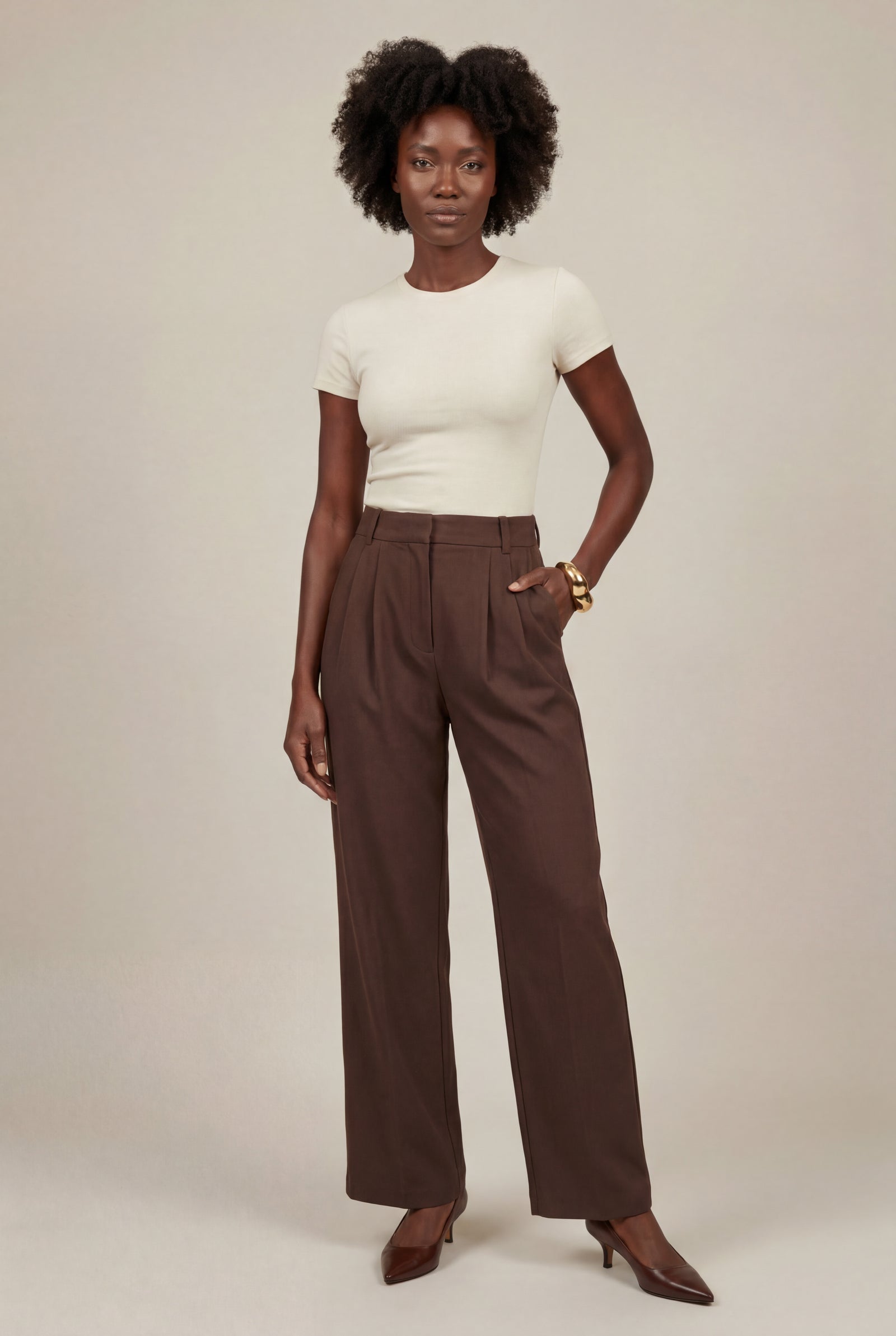 Brown High-waisted Pleated Tapered Trousers with Tailored Waistband - Photo 5
