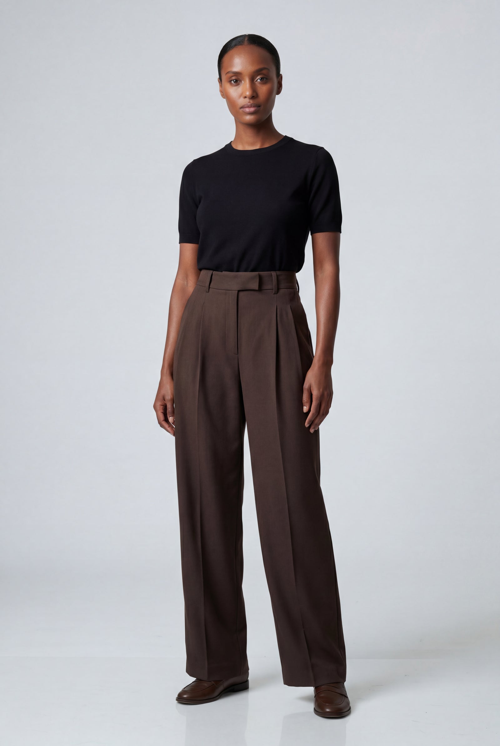 Brown High-waisted Pleated Wide-leg Tailored Trousers - Wide leg trousers - Photo 11