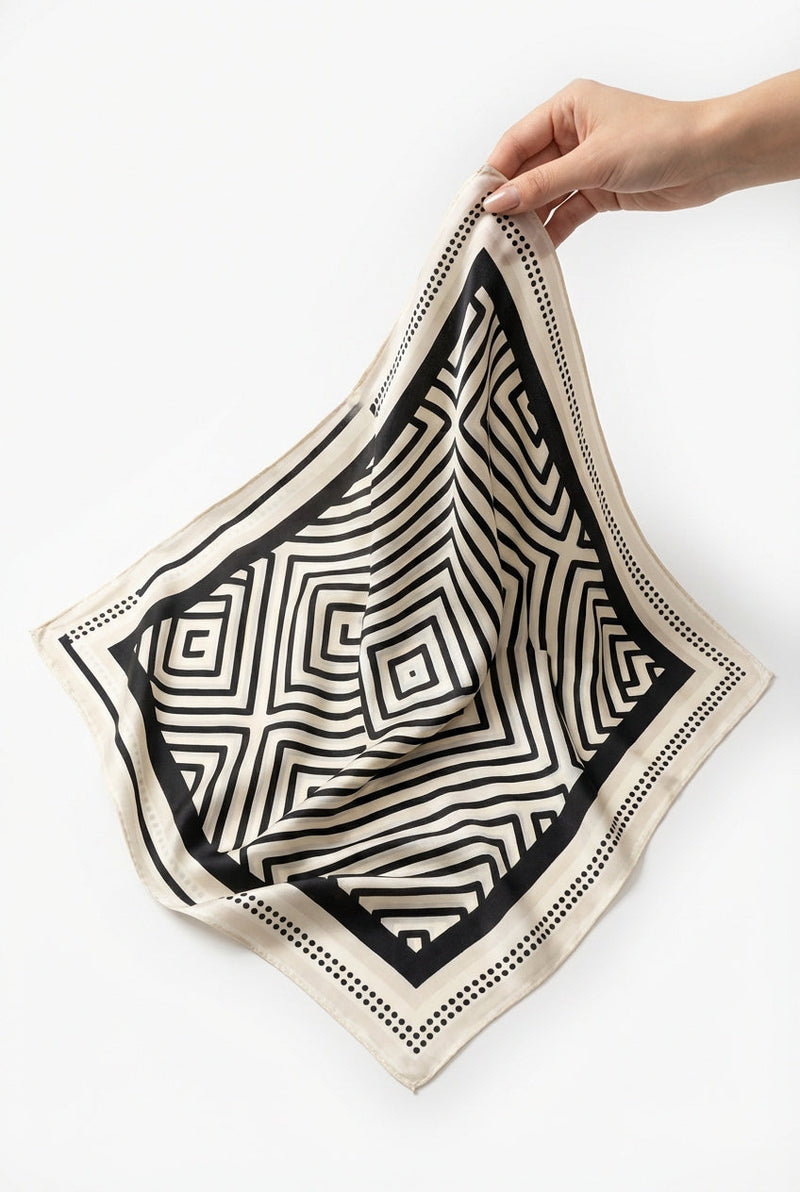 Brown Ivory Black Geometric Print Square Scarf - Square scarves - Photo 1
