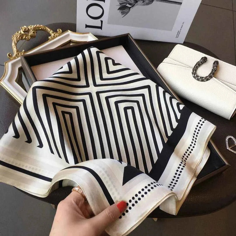 Brown Ivory Black Geometric Print Square Scarf - Square scarves - Photo 3