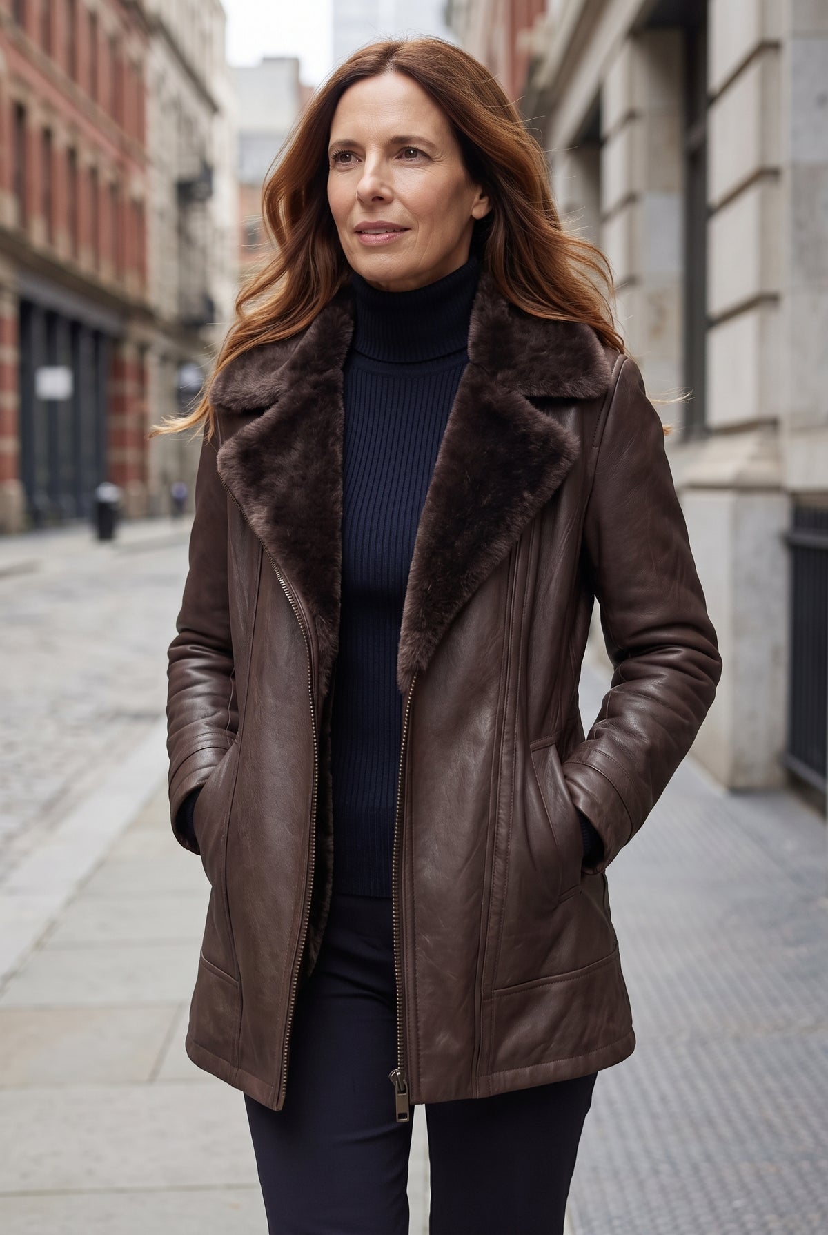 Leather Shearling Collar Coat in Brown — lifestyle