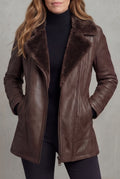 Leather Shearling Collar Coat in Brown — studio front