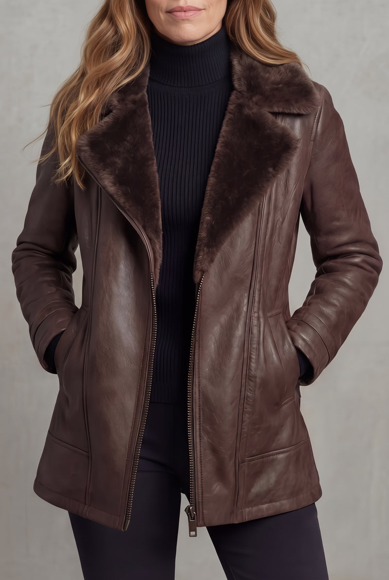 Leather Shearling Collar Coat in Brown — studio front