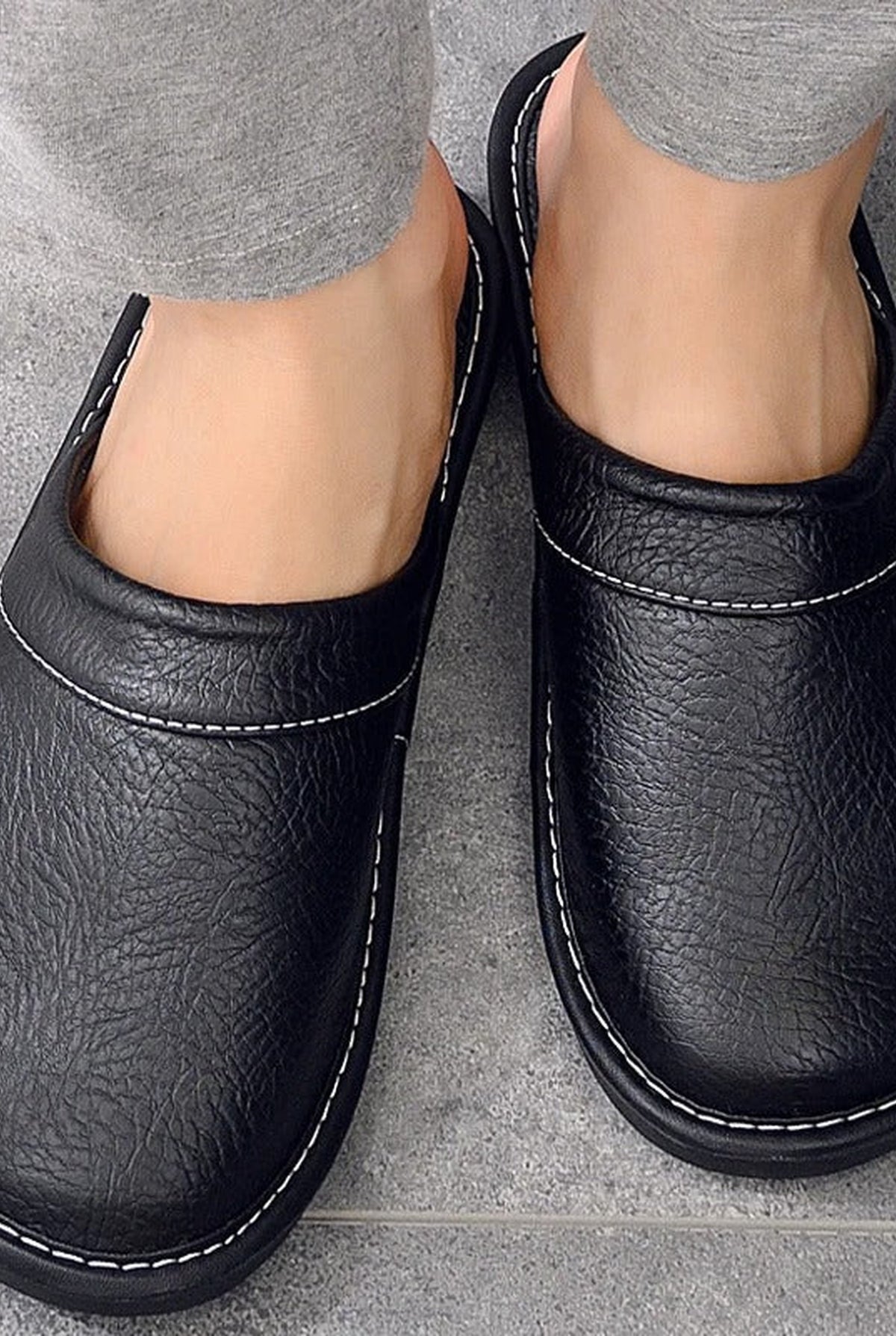 Leather Slip-On Slippers in Brown — detail