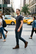 Men's Ankle Boots Stylish in Brown — lifestyle city sidewalk