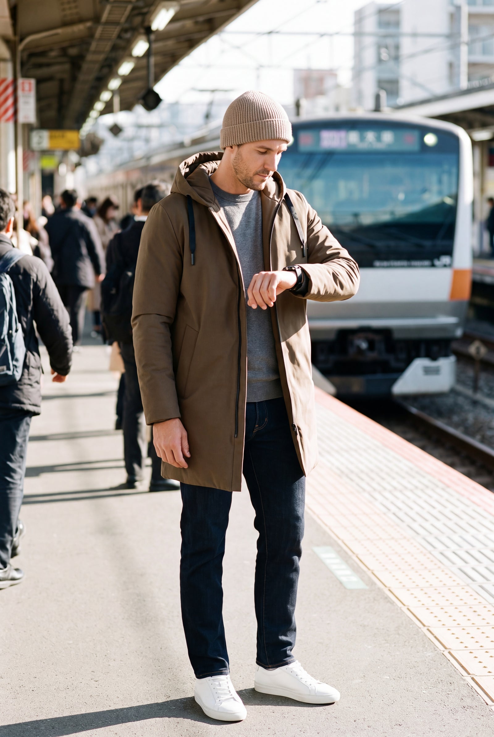 Men's Coat Mid-Length Quilted in Brown — lifestyle train