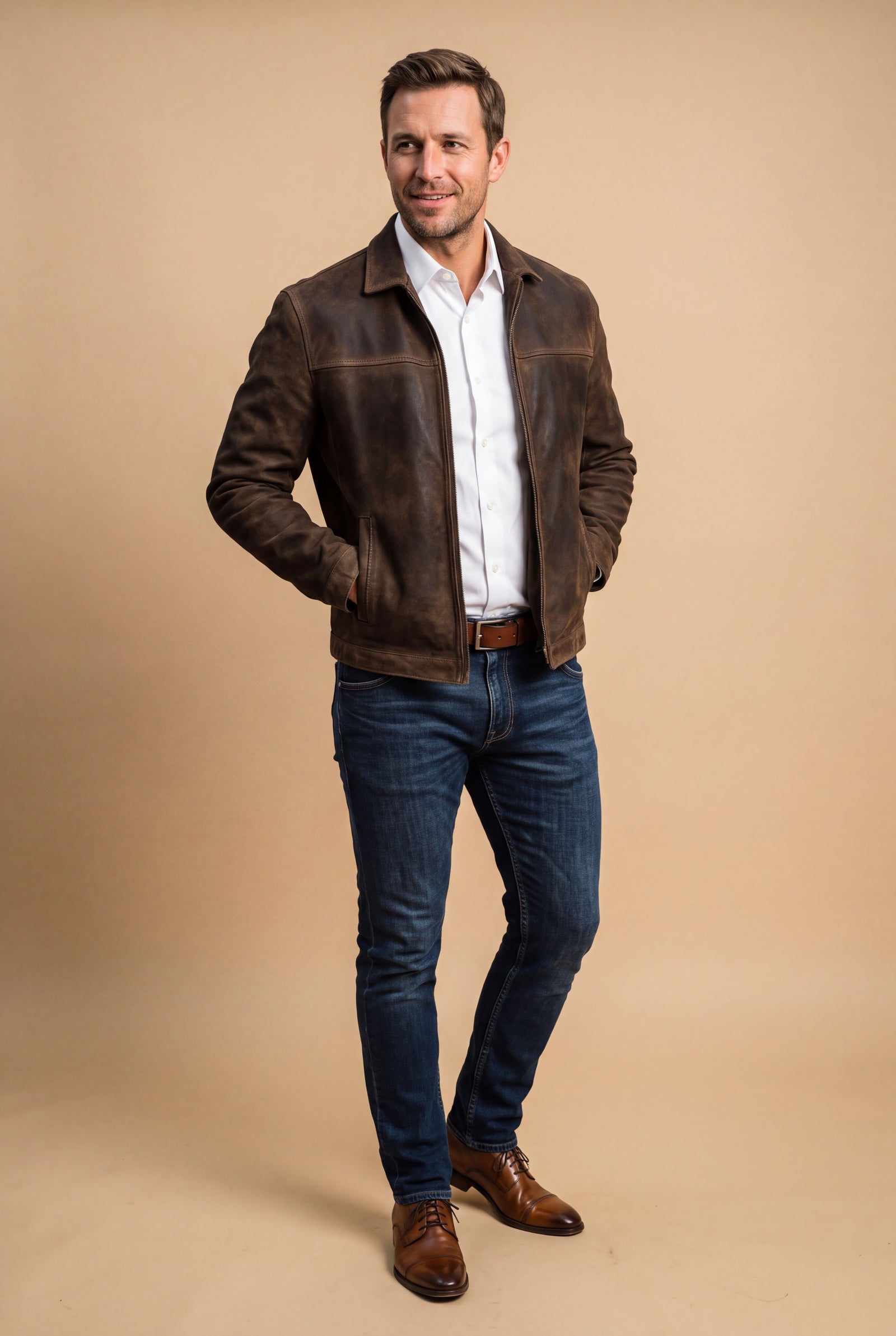 Men's Jacket Classic Fitted Zipper in Brown — studio