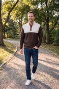 Men's Sweater Stand Collar Two-Tone in Brown — lifestyle park walk