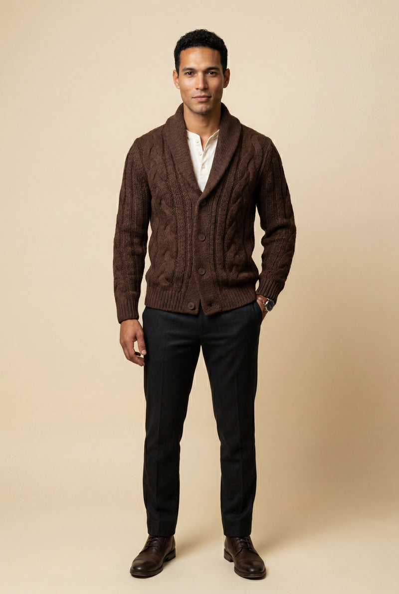 Brown Men's Chunky Cable Shawl Collar Cardigan - Photo 1