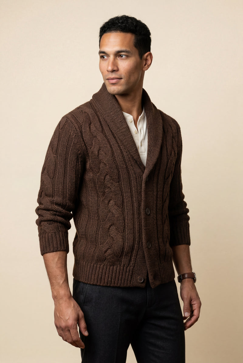 Brown Men's Chunky Cable Shawl Collar Cardigan - Photo 2