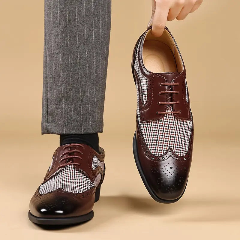 Brown Men's Houndstooth Panel Brogue Oxford Dress Shoes - Brogue Oxford shoes - Photo 5