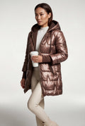 Brown Metallic Quilted Hooded Mid-length Puffer Jacket - Quilted jackets - Photo 2