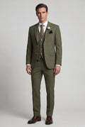 Olive Notch Lapel Tailored Three-piece Suit - Photo 29